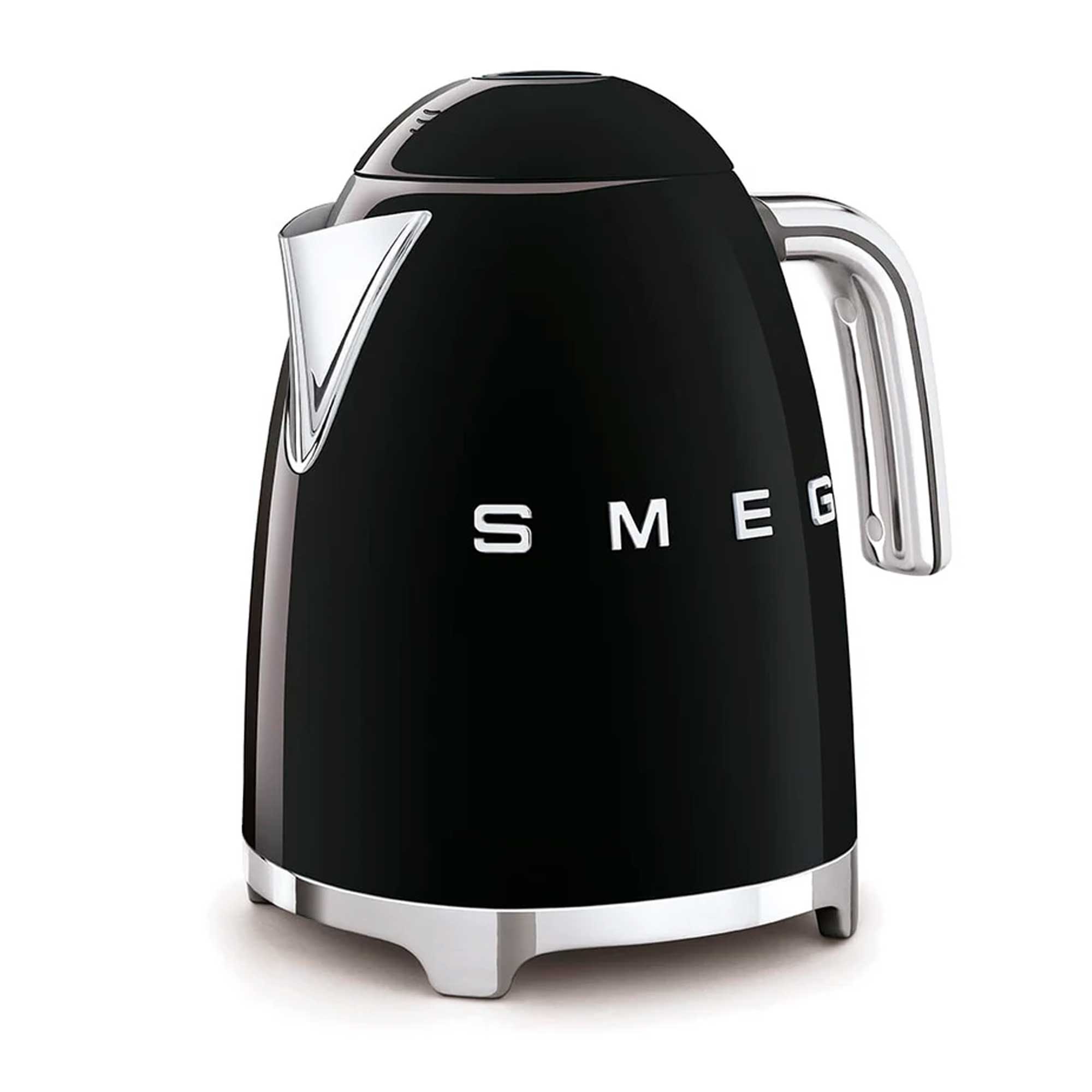 Black Smeg kettle with chrome accents on a white background