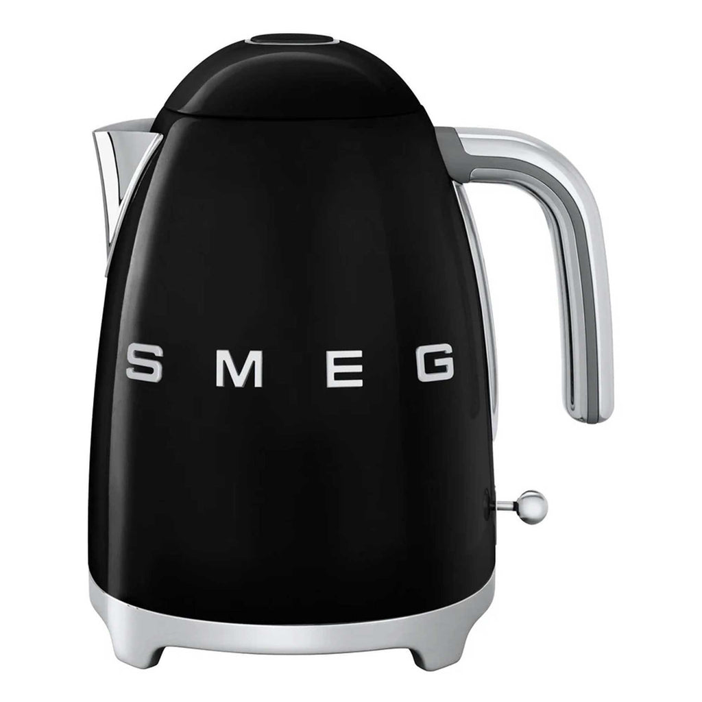 Black Smeg kettle with silver accents on a white background