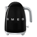 Black Smeg kettle with silver accents on a white background