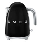 Black Smeg kettle with silver accents on a white background