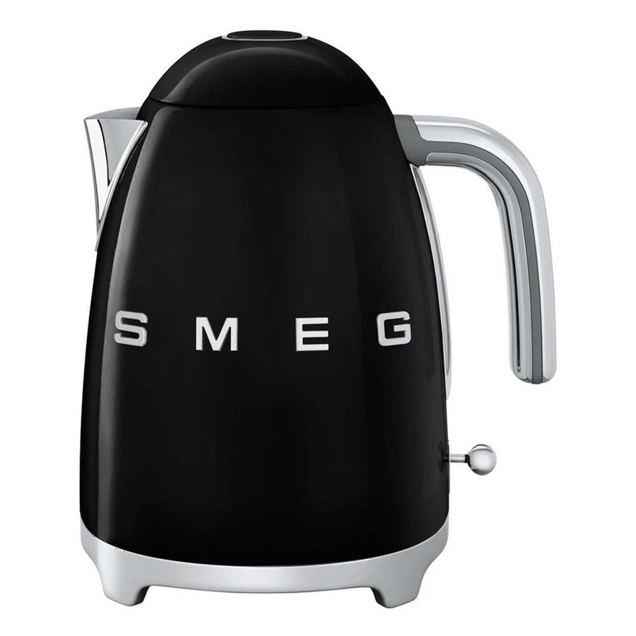 Black Smeg kettle with silver accents on a white background