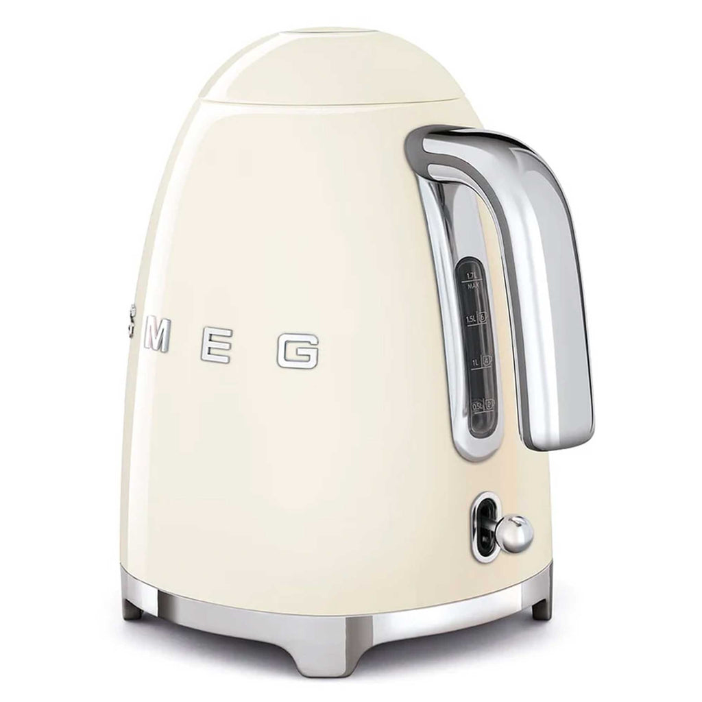 Cream-colored kettle with metallic handle and control panel on a white background