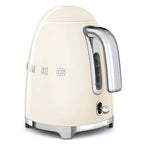 Cream-colored kettle with metallic handle and control panel on a white background