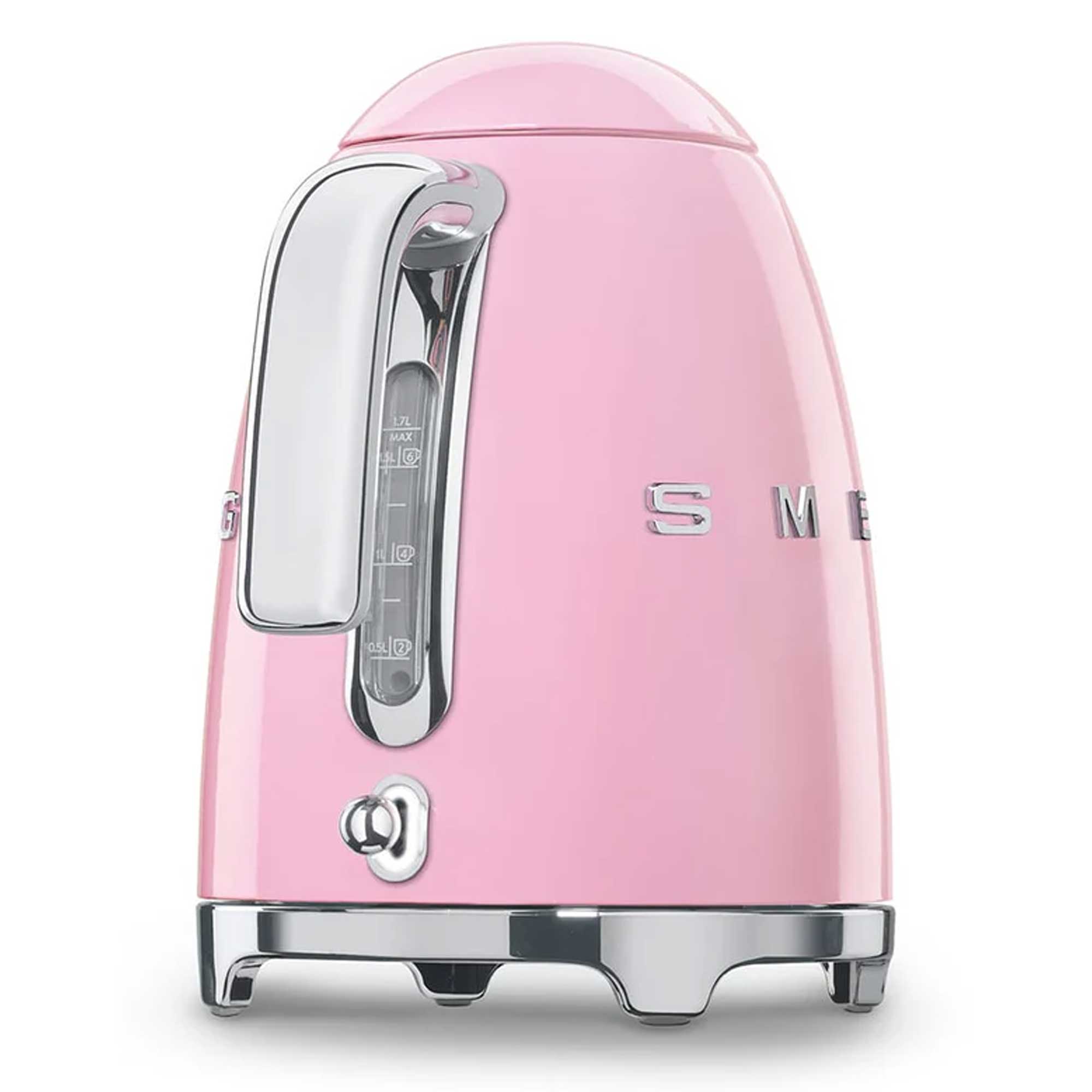 Pink kettle with silver accents on a white background