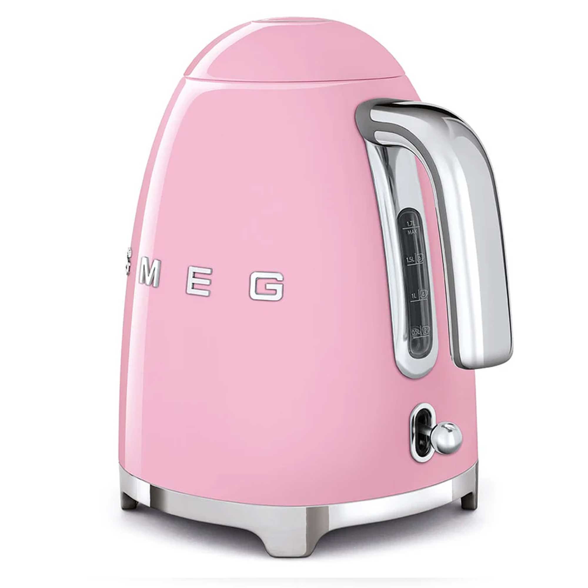 Pink electric kettle with chrome accents on a white background