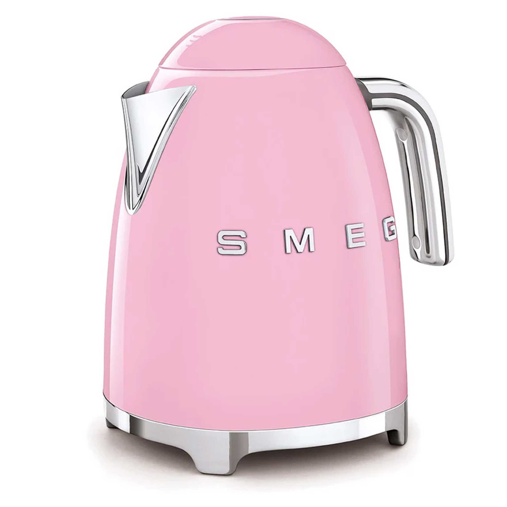 Pink electric kettle with 'Smeg' branding on a white background