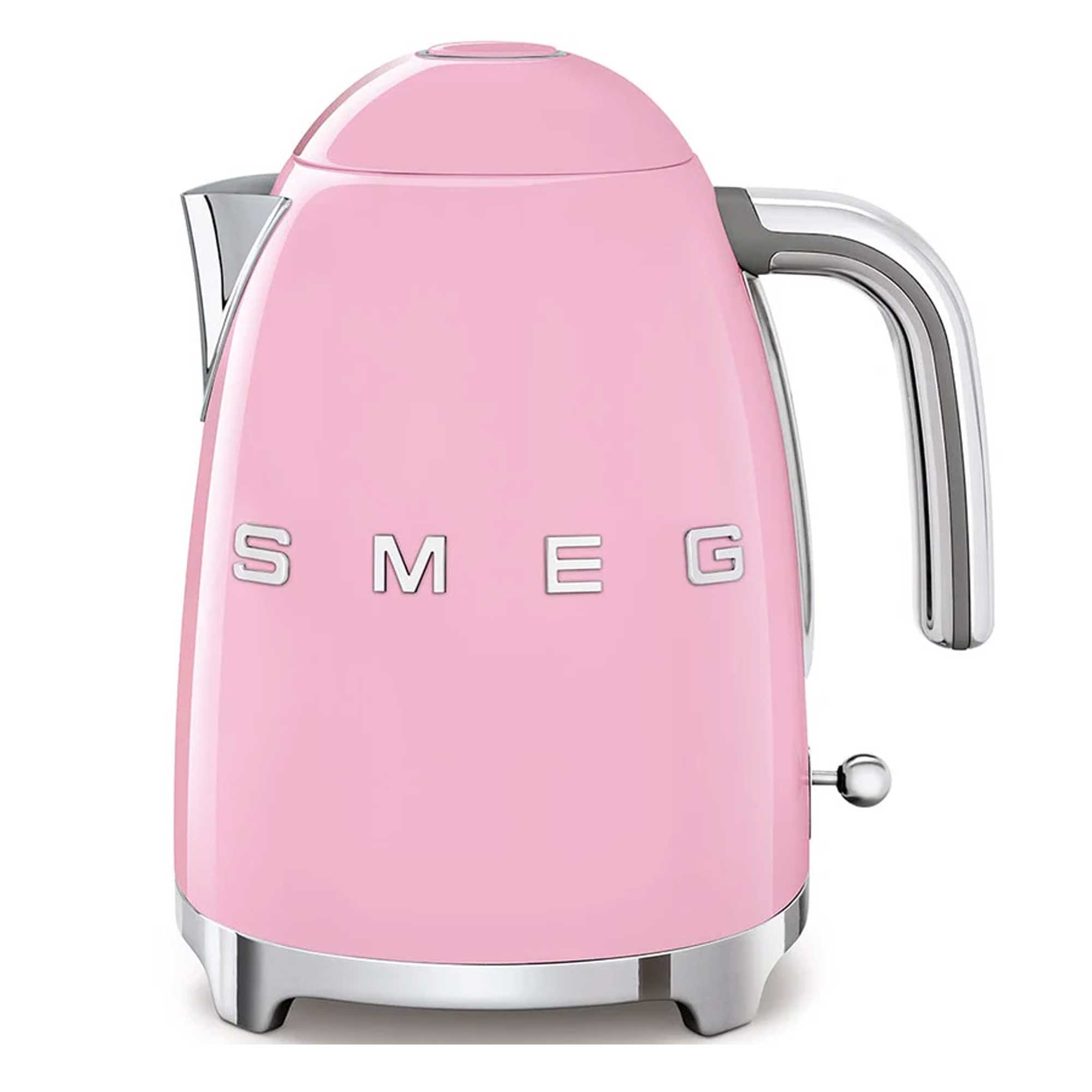 Pink kettle with 'SMEG' branding on a white background