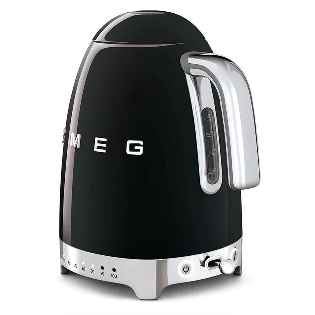 Black Smeg electric kettle with silver accents on a white background
