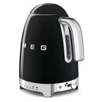 Black Smeg electric kettle with silver accents on a white background
