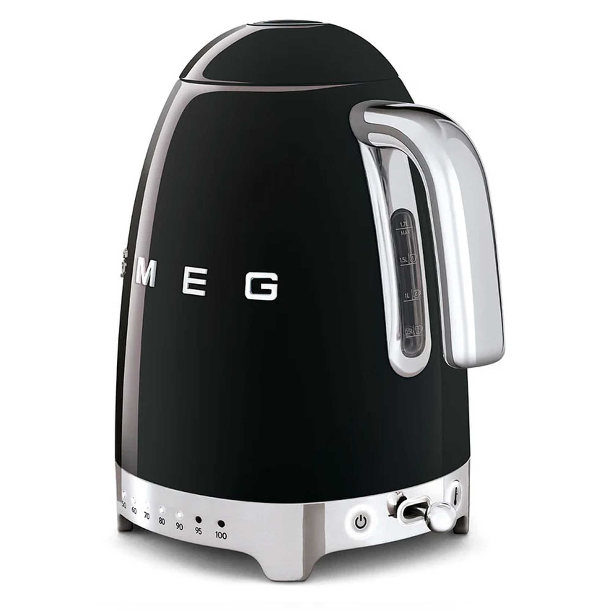 Black Smeg electric kettle with silver accents on a white background