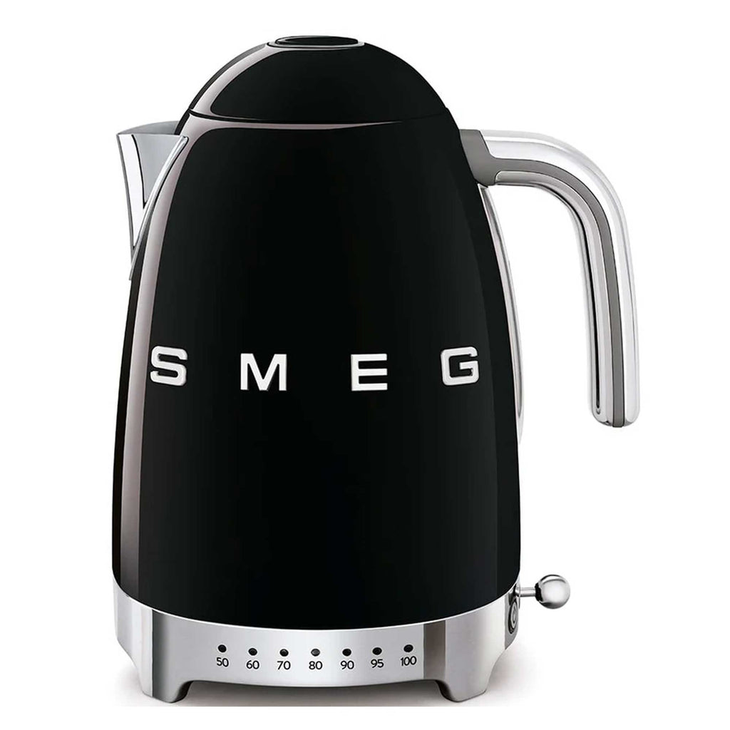 Black Smeg kettle with silver accents on a white background