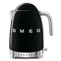 Black Smeg kettle with silver accents on a white background