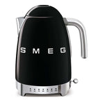 Black Smeg kettle with silver accents on a white background