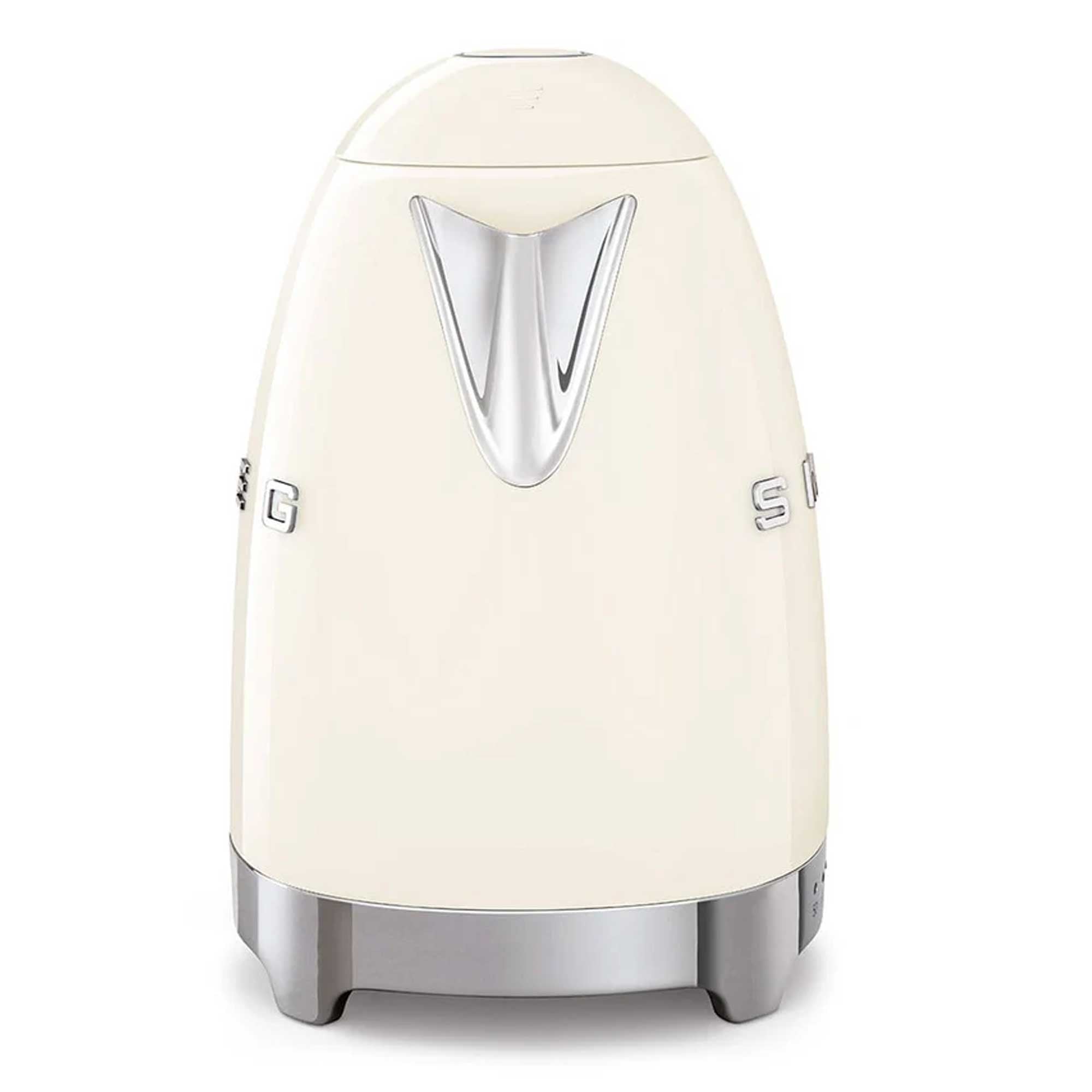 Cream-colored toaster with silver accents on a white background