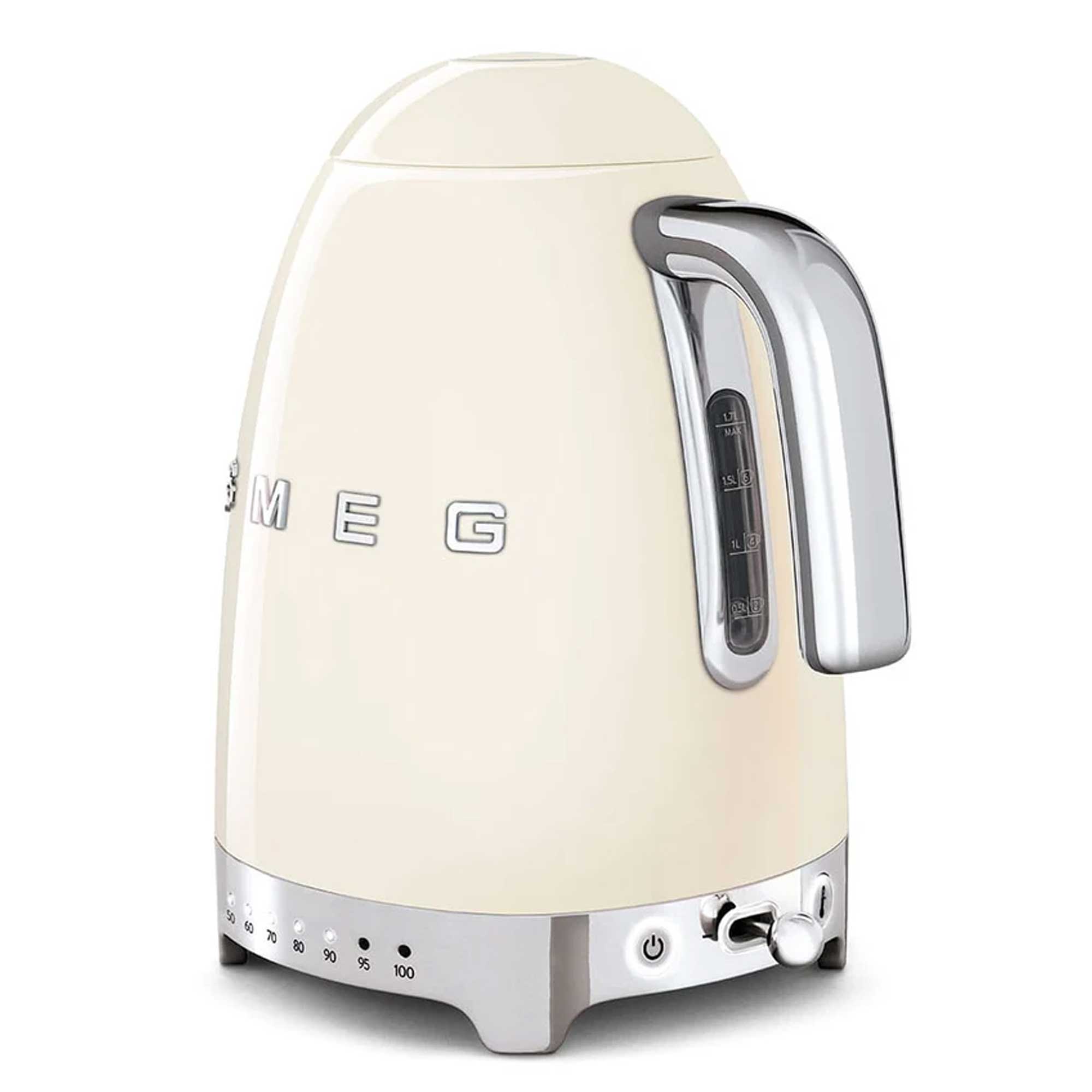 Cream-colored kettle with metallic accents on a white background