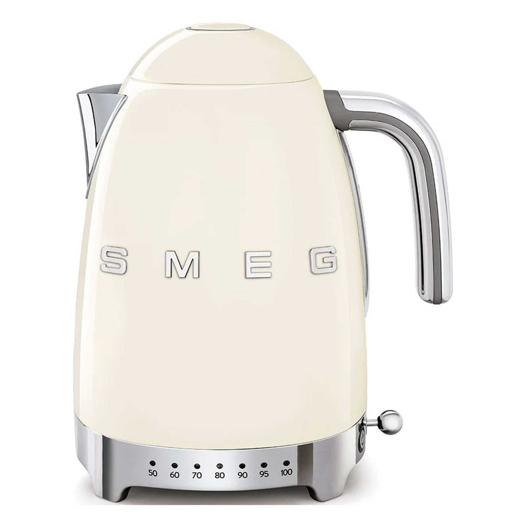 Cream-colored kettle with 'Smeg' branding on a white background