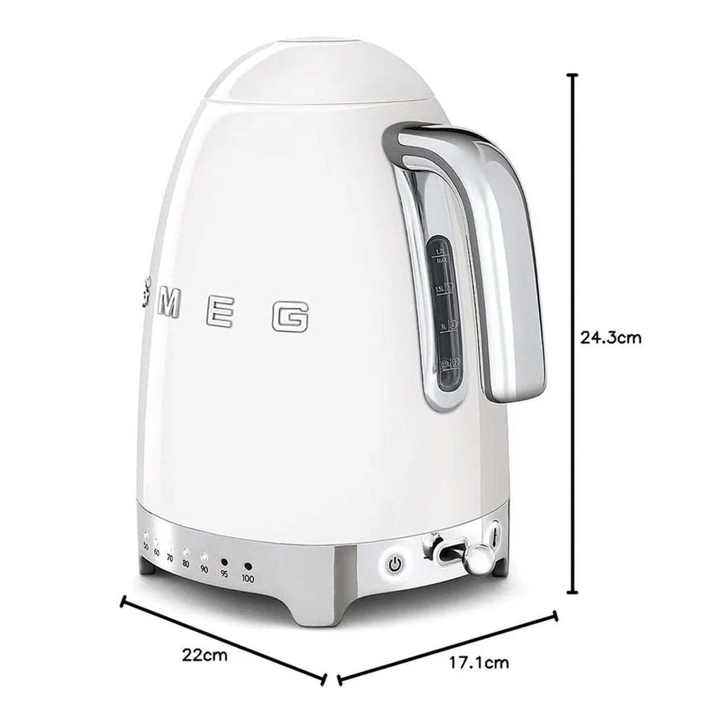 White kettle with measurement dimensions on a white background