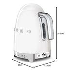 White kettle with measurement dimensions on a white background