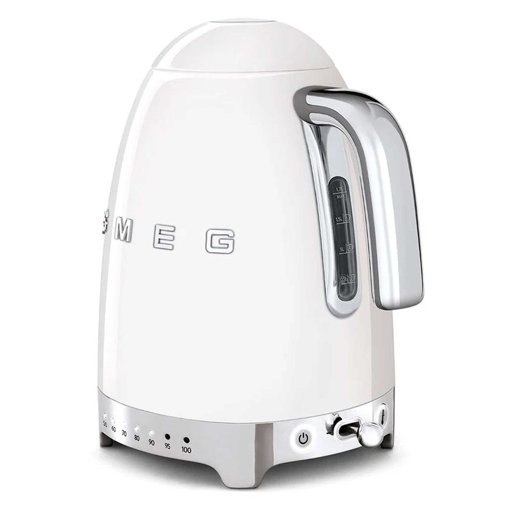 White kettle with chrome accents on a white background