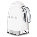 White kettle with chrome accents on a white background