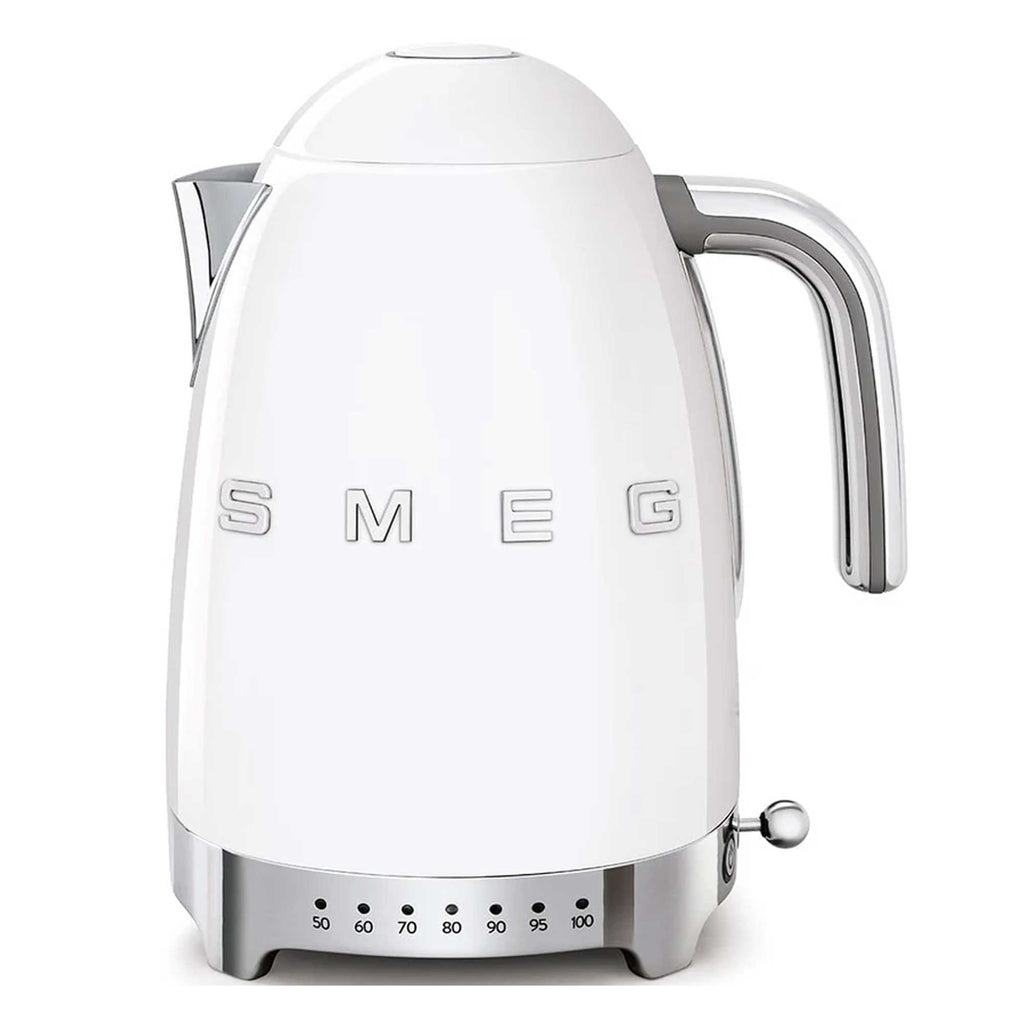 White electric kettle with 'SMEG' branding on a white background