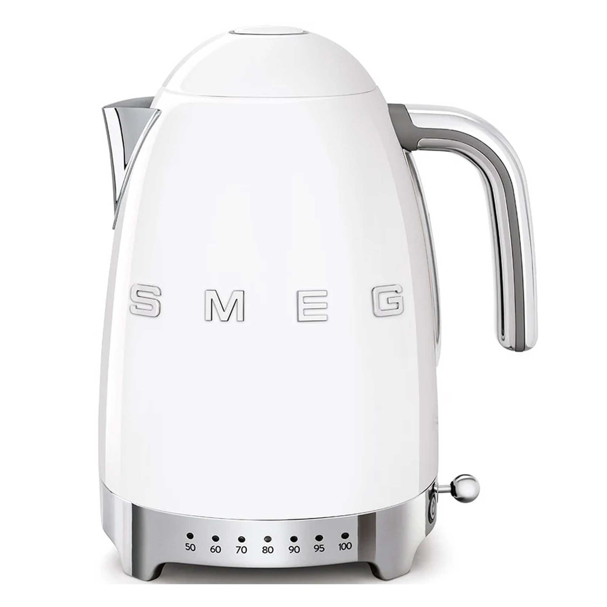 White electric kettle with 'SMEG' branding on a white background