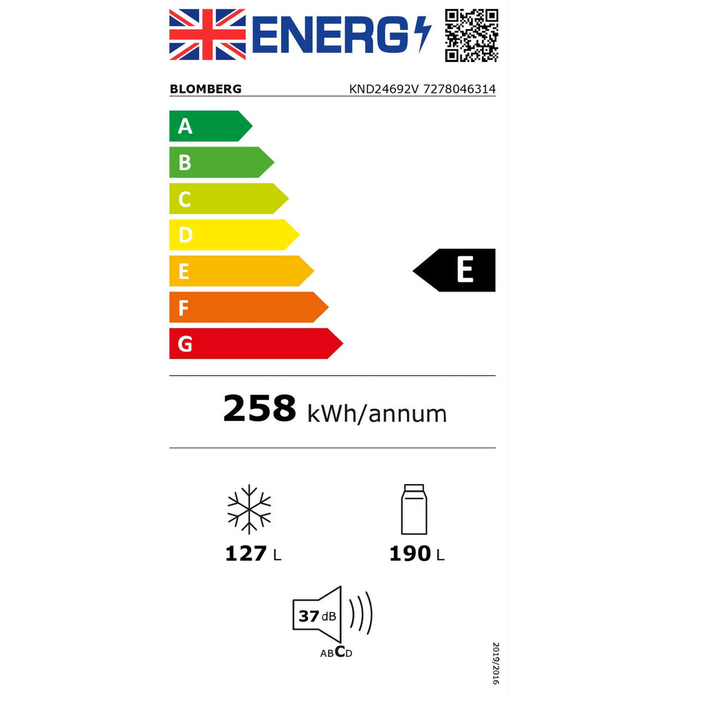 Blomberg KND24692V 192cm Tall Fridge Freezer, 190L Fridge, 127L Freezer, 60cm wide, Frost Free, White