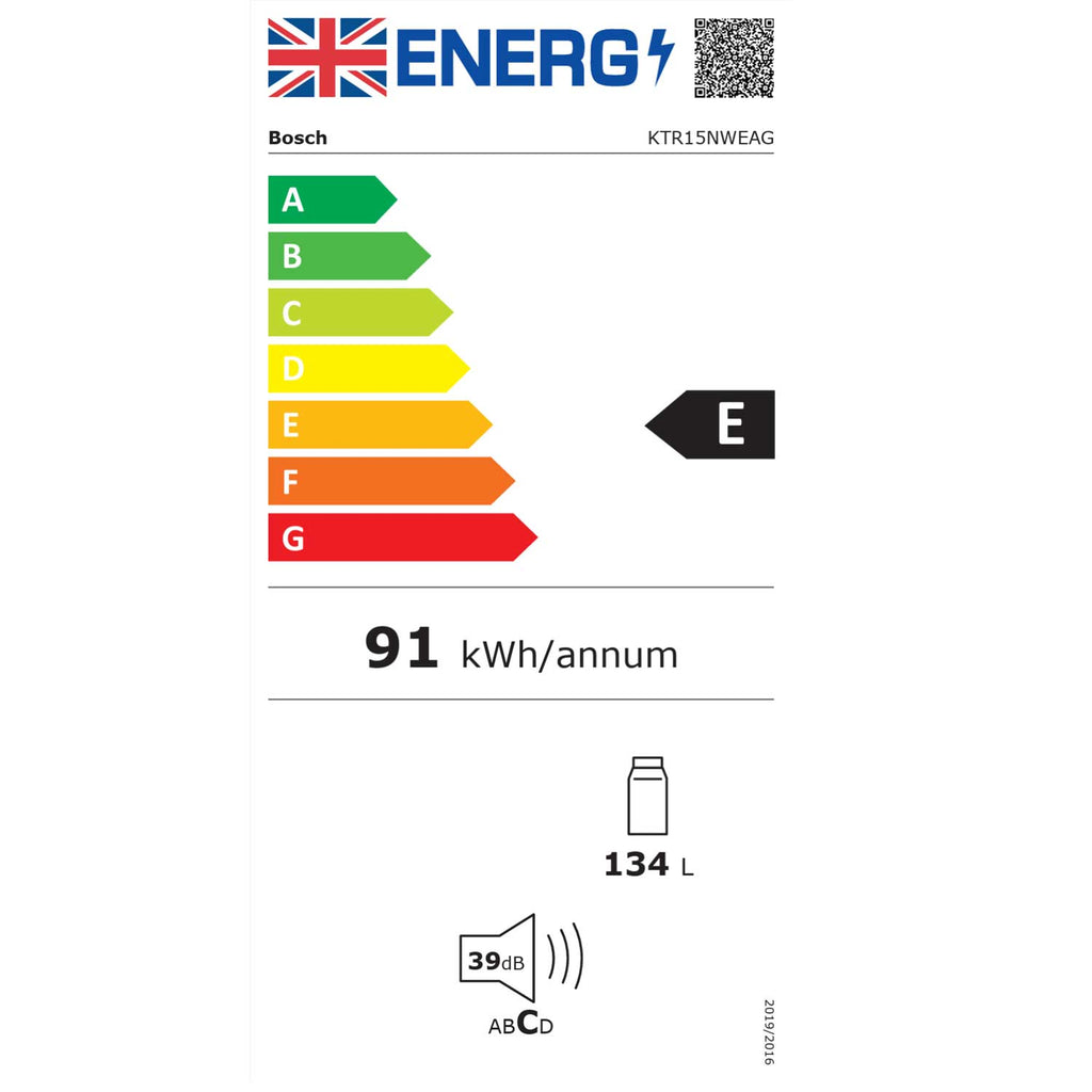 Bosch KTR15NWEAG Undercounter Larder Fridge, 134 Litre Fridge, 56cm Wide, White