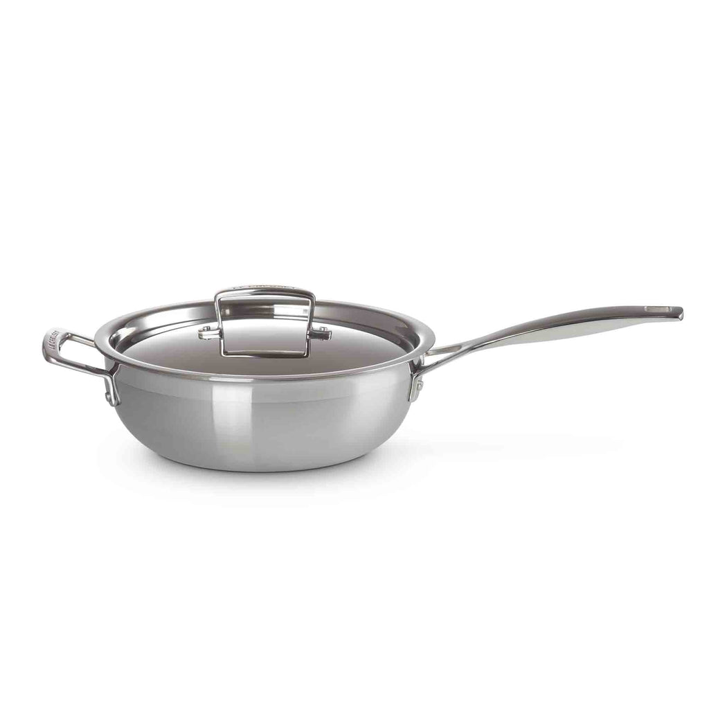 Le Creuset 3-ply Stainless Steel Non-Stick Chef's Pan with Lid and Helper Handle on white background