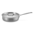 Stainless steel sauté pan with lid on a white background