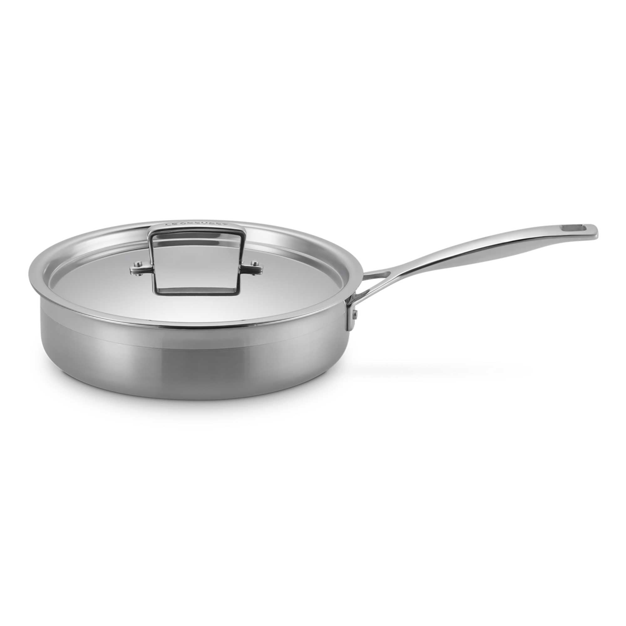 Stainless steel sauté pan with lid on a white background