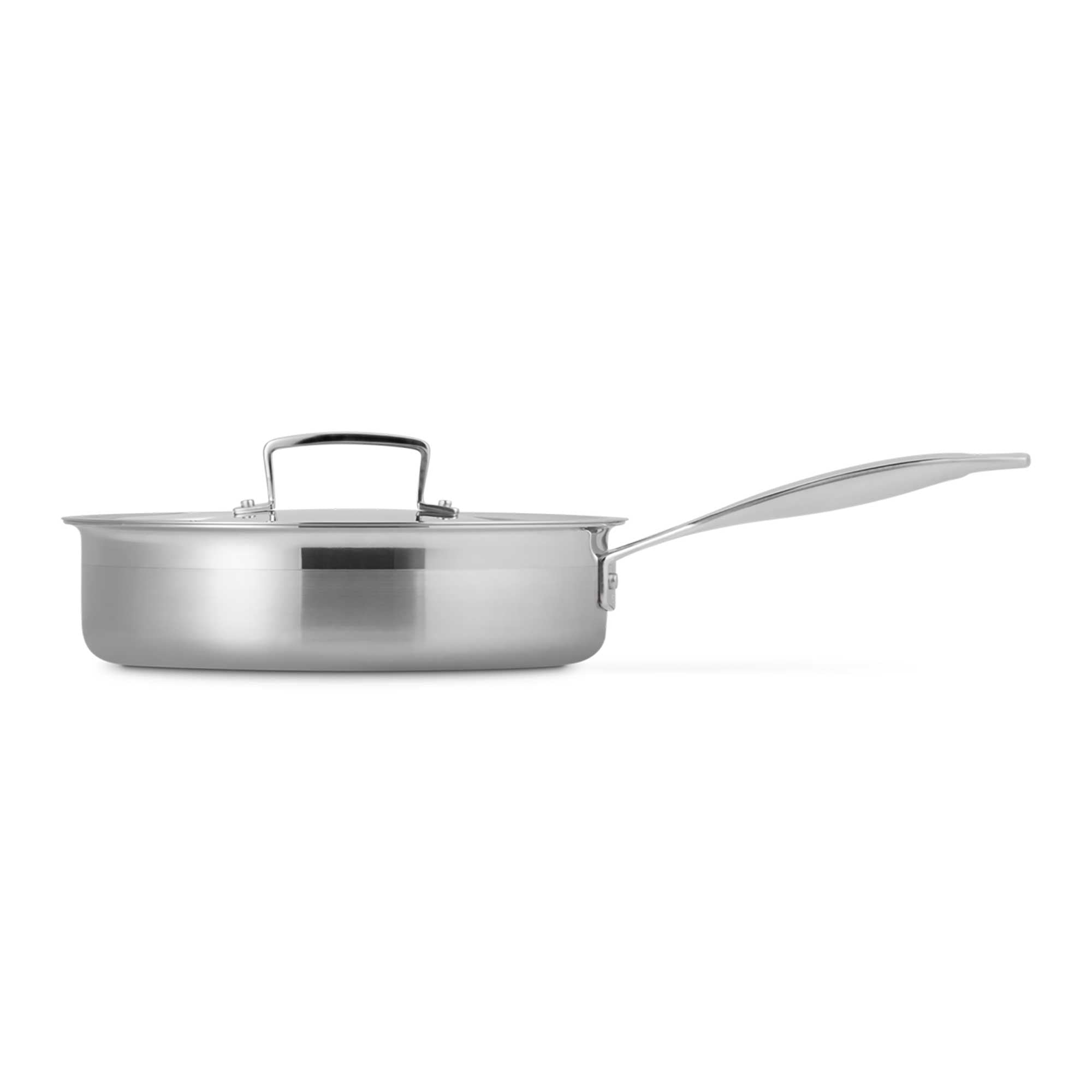 Silver saute pan with lid on a white background