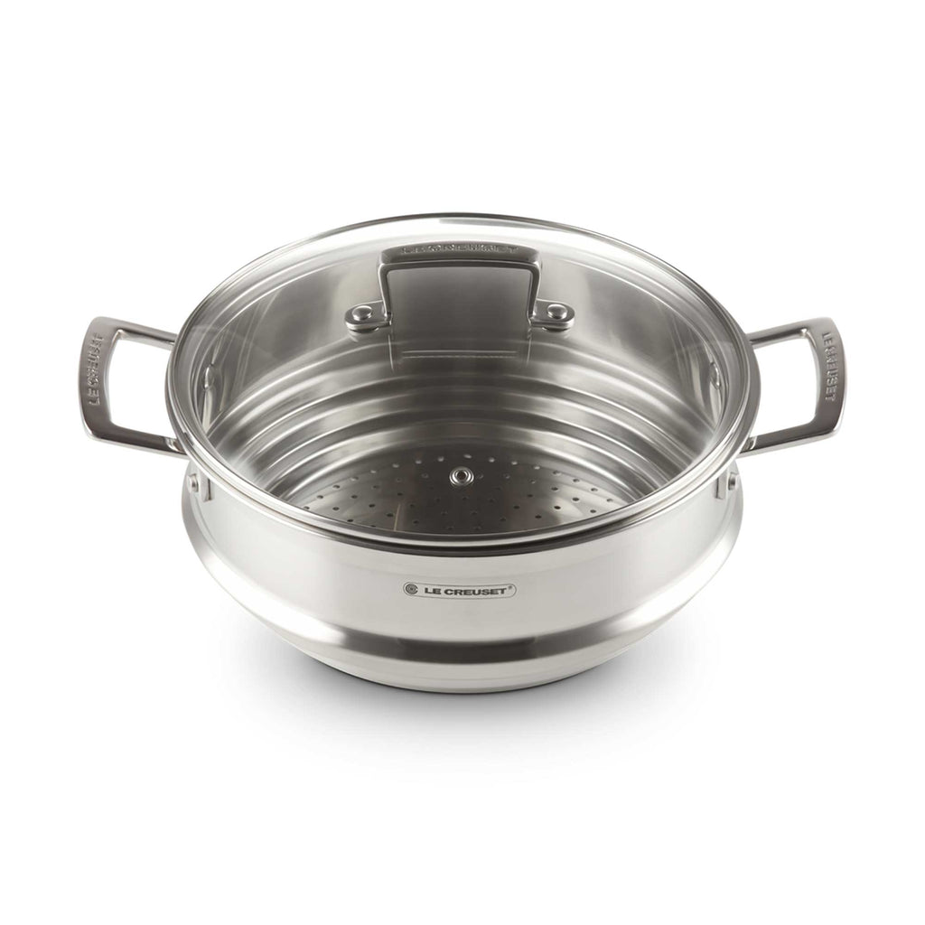 Silver steamer with lid on white background