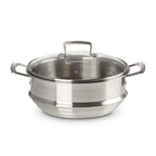 Silver steamer with lid on white background