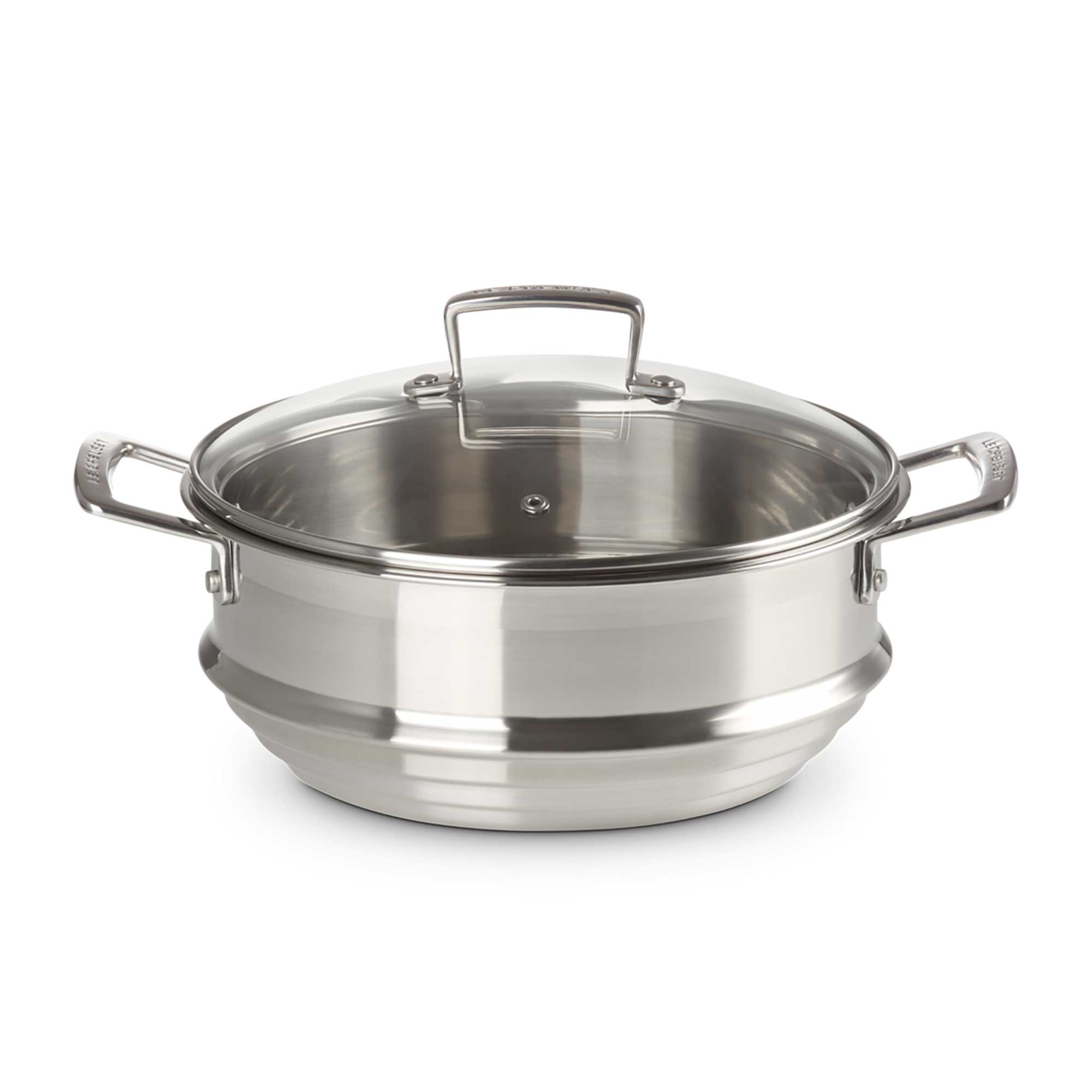 Silver steamer with lid on white background