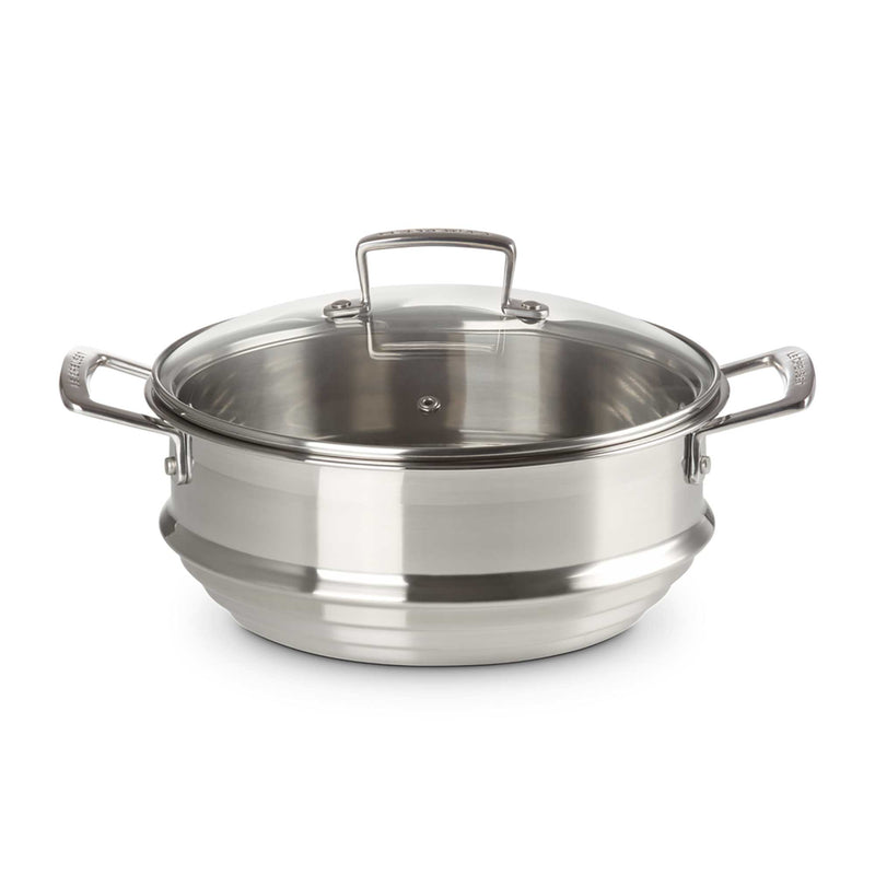 Silver steamer with lid on white background