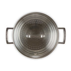 Silver steamer with lid on white background