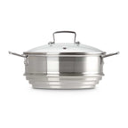 Silver steamer with lid on white background