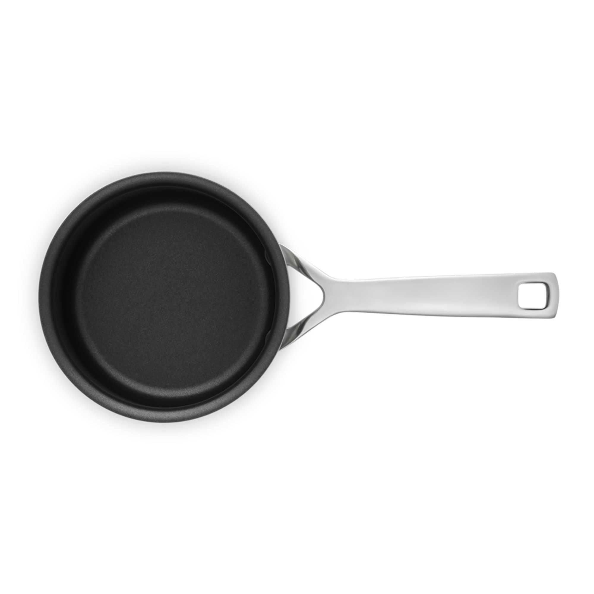 Stainless steel saucepan with black interior on a white background