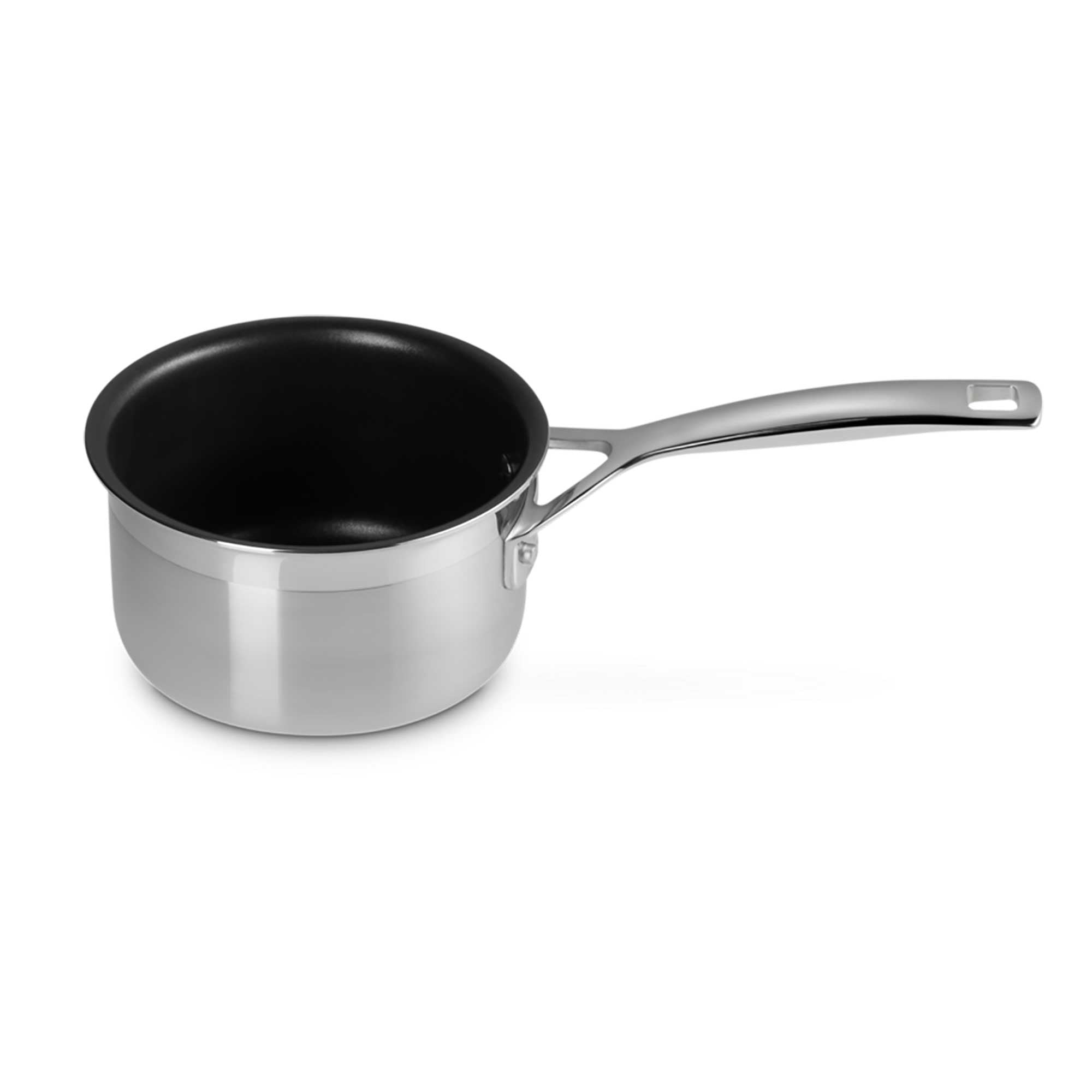 Stainless steel saucepan with black interior on a white background