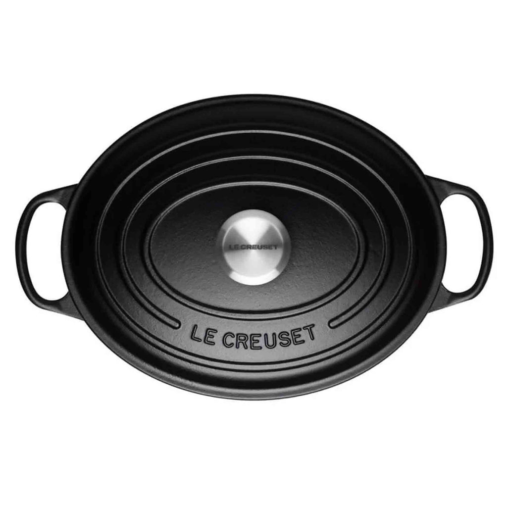Satin black oval casserole with lid and handles