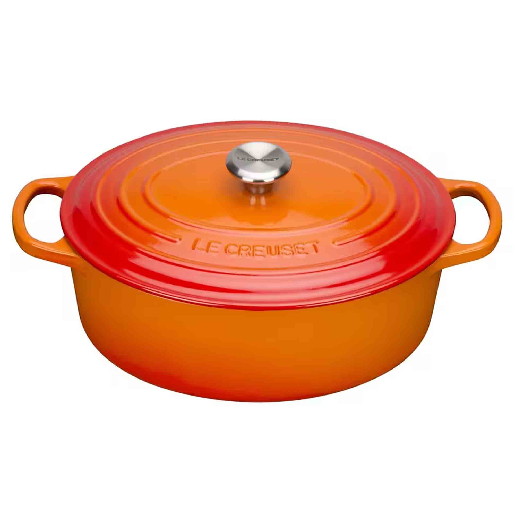 Le Creuset volcanic oval cast iron casserole with lid on white background