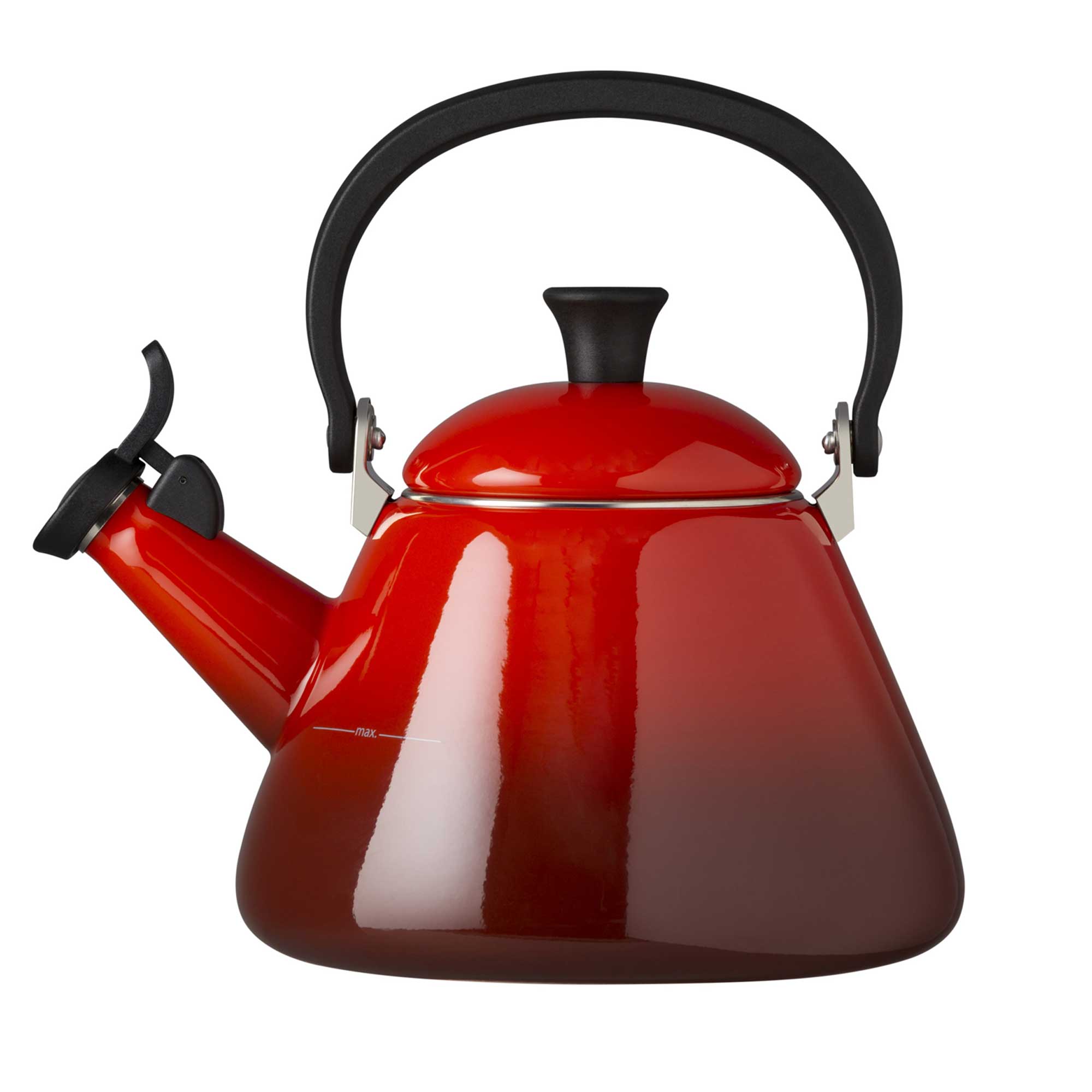 Red kettle with black handle and spout on a white background