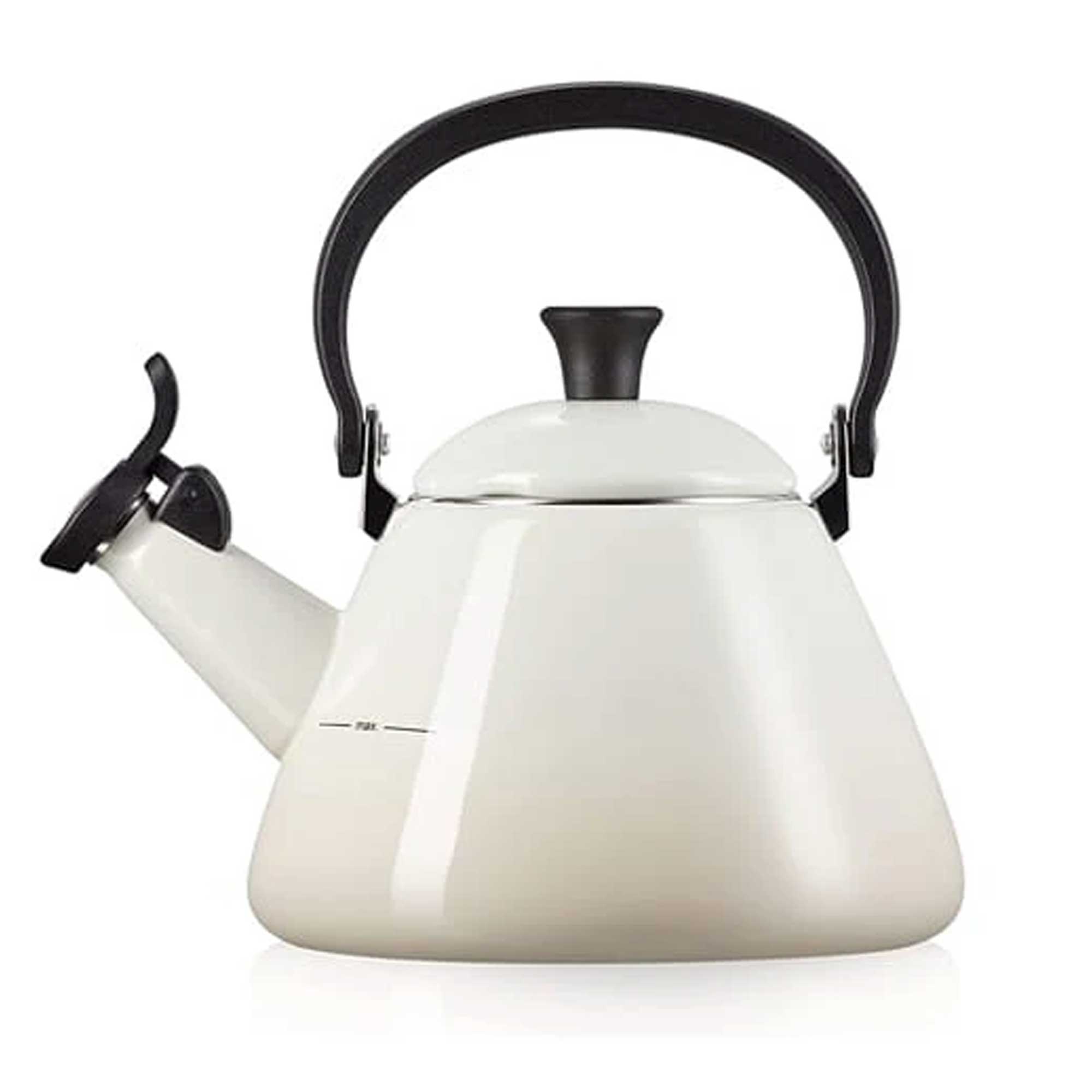 Meringue kettle with black handles on a white background