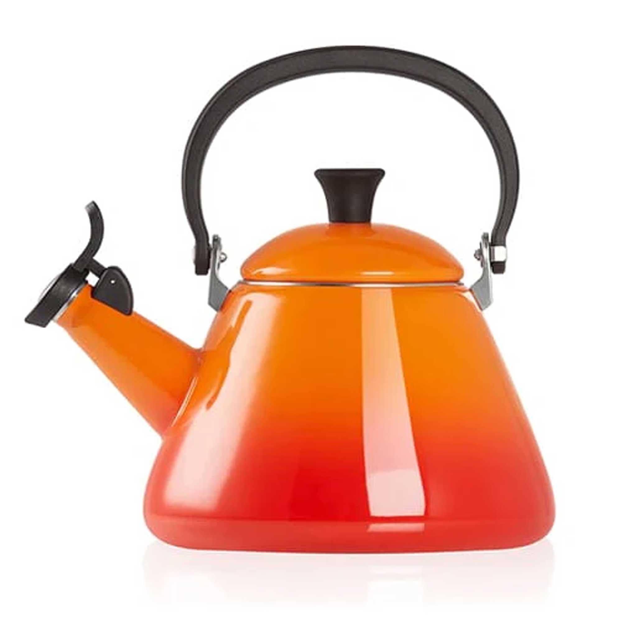 Orange enameled kettle with black handle and spout on a white background