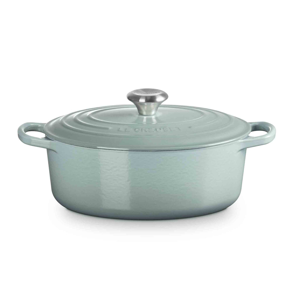 Le Creuset Sea Salt Oval Casserole with lid on white background