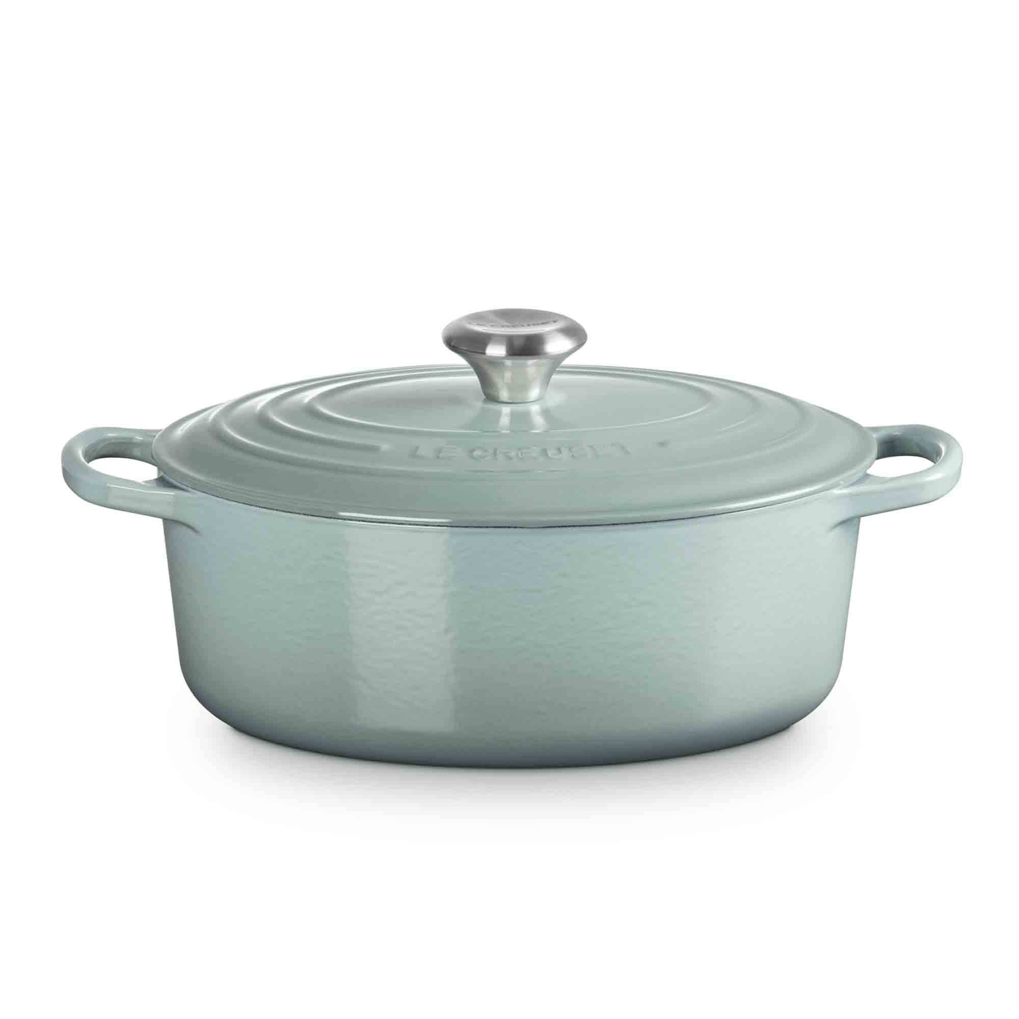 Le Creuset Sea Salt Oval Casserole with lid on white background