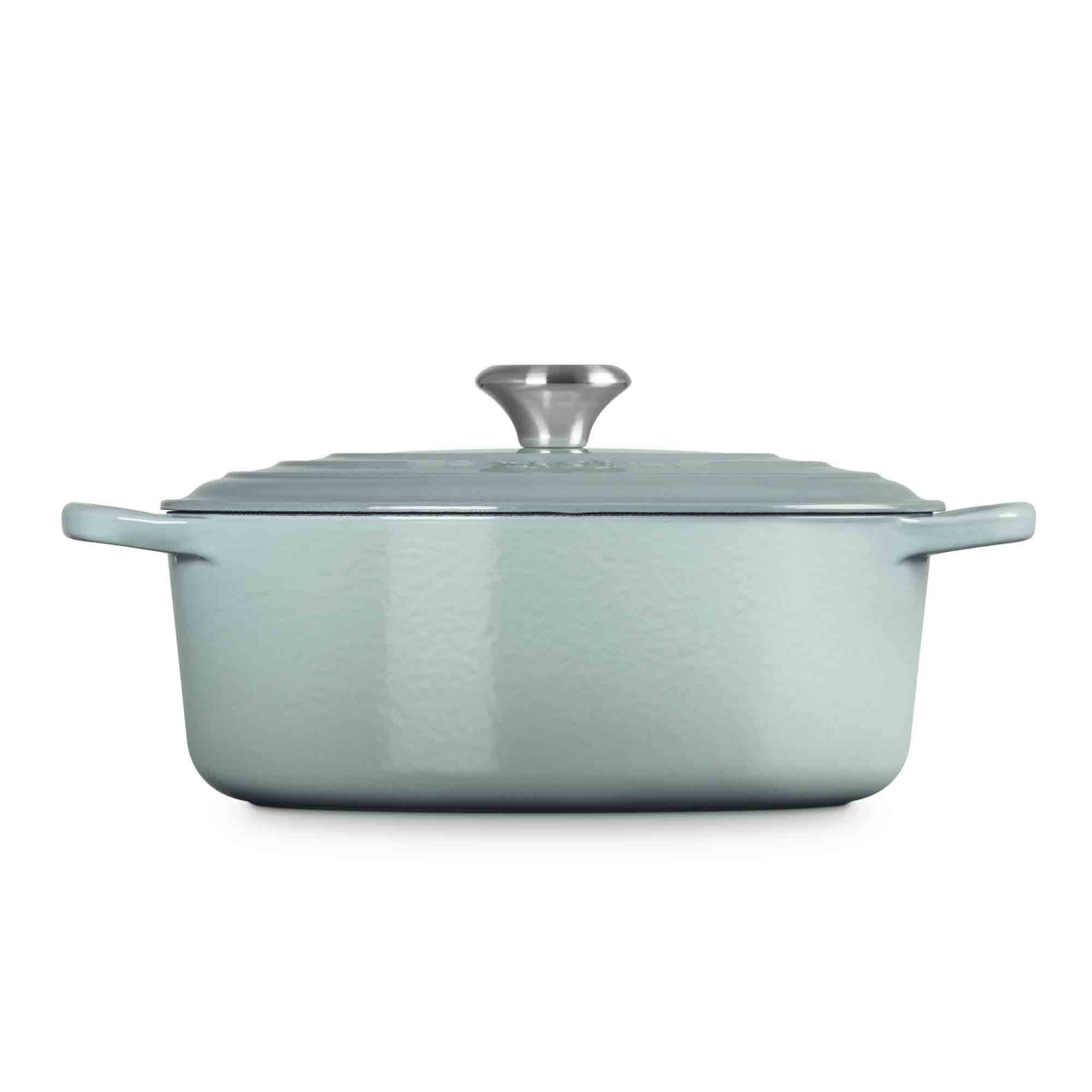 Le Creuset Sea Salt Oval Casserole with lid on white background