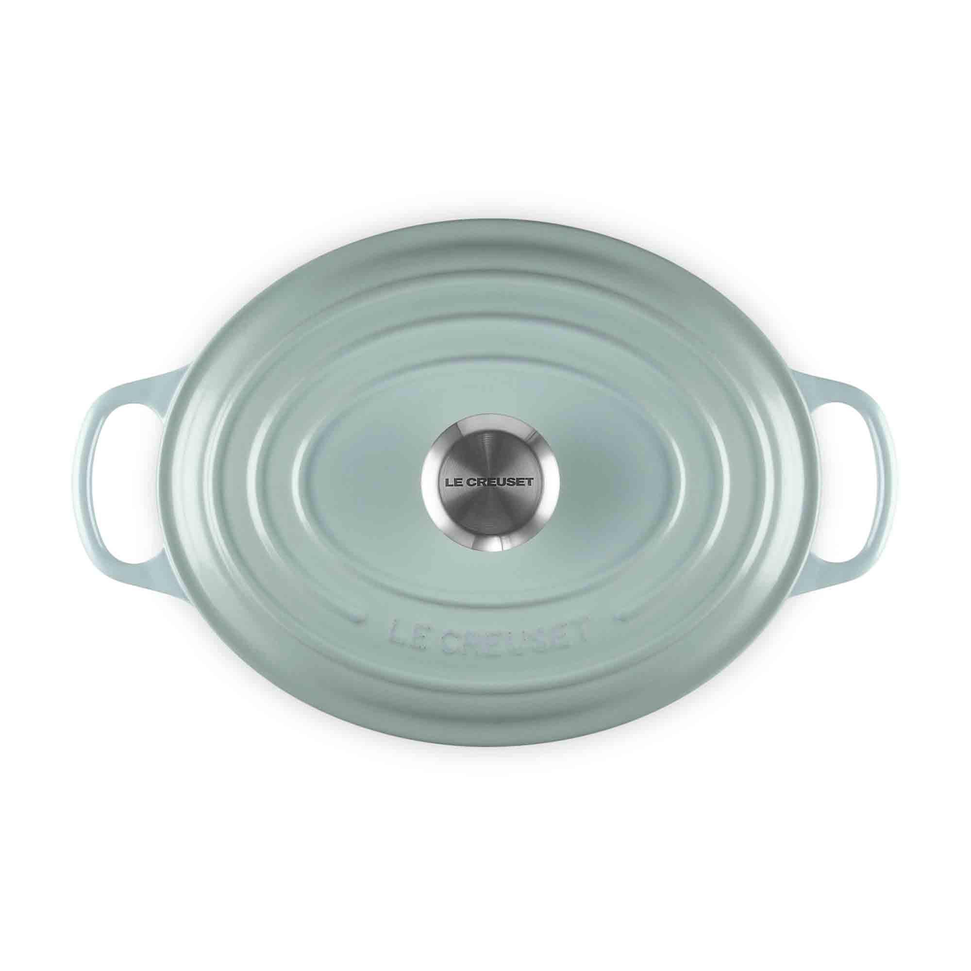Le Creuset Sea Salt Oval Casserole with lid and handles on white background