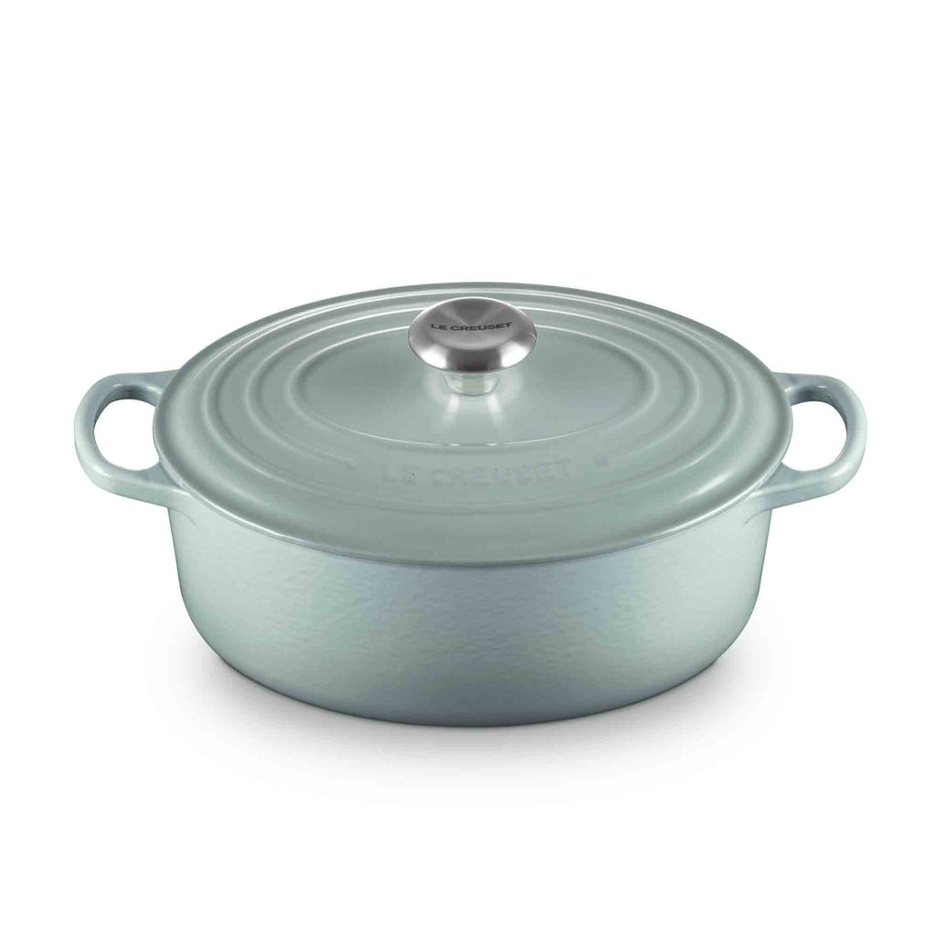 Le Creuset Sea Salt Oval Casserole with lid on white background